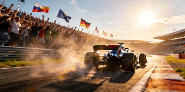 F1赛车在赛道上飞驰，观众在看台欢呼